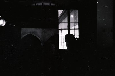 Silhouette of a person framed by a large arched window with grid-patterned glass, reflecting faint architectural details. Hig...