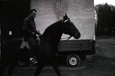 Man in 1950s-60s workwear leads a draft horse pulling a wooden cart with large spoked wheels. Industrial brick wall and rural...