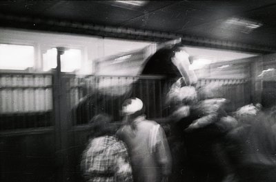 Blurred motion shot of a crowded indoor market, likely 1960s–1980s. Vendors in aprons and headscarves handle poultry, framed ...