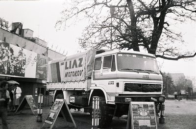 A vintage **LIAZ** truck (model 122M) from the **1970s–1980s** displays "Motokov" branding on its side, parked in an outdoor ...