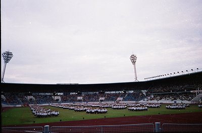 Large stadium crowd in formation, likely a ceremonial event. Uniformed participants in white and red stand on grass field und...
