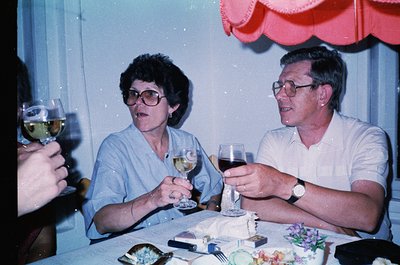 Couple toasting at a celebratory table setting, 1980s. Woman in round-framed glasses and light blouse, man in short-sleeve sh...