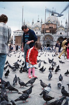 A man and child feed pigeons in St. Mark’s Square (), Venice, Italy (). The iconic Basilica di San Marco () and Campanile bel...
