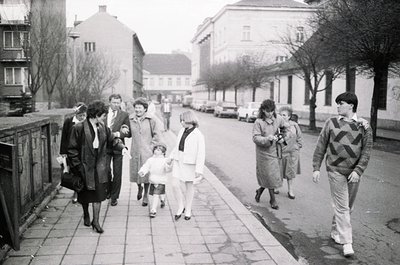 A mid-20th century street scene featuring a diverse group of people walking on a paved path lined with leafless trees. Adults...