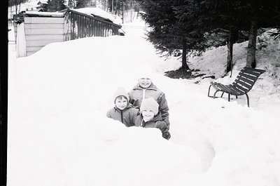 Three children pose playfully in deep snow, bundled in winter coats. Snow-covered alpine lodge and benches in background sugg...