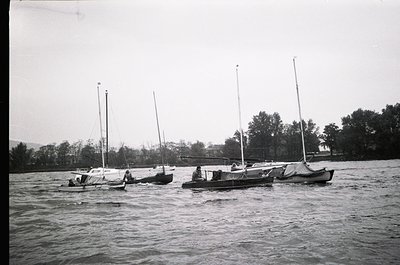 Four small sailboats with single masts anchored in calm waters, surrounded by wooded shoreline. Mid-20th century recreational...