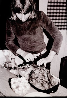 Mid-century kitchen scene featuring a woman basting a roasted turkey with a baster, surrounded by a glass bottle (likely for ...