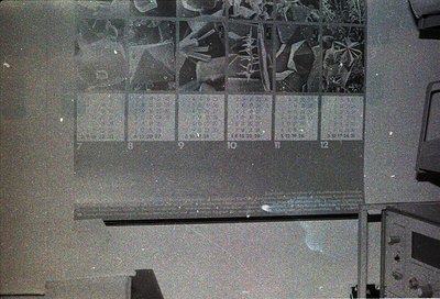 Vintage slide carousel with 12 labeled slides (8–12) featuring black-and-white nature/landscape imagery. Below, a handwritten...