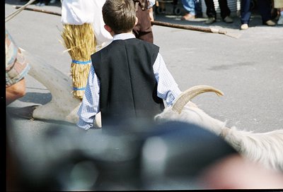 Traditional alpine festival scene: men in handcrafted wool costumes with antler headpieces and checkered aprons. Crowd in bac...