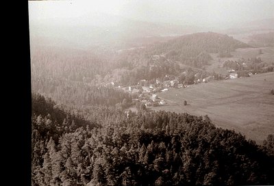Aerial vintage photograph of a rural valley, likely 1940s–1960s. Dense forest frames the lower left, while open fields and sc...