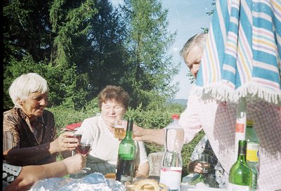 Family picnic in a forested area, 1970s–1980s. Three adults seated on a blanket under pine trees, sharing wine and bottles. C...