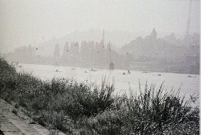 Vintage black-and-white river scene with misty castle ruins on distant hillside, likely European. Small boats dot the water, ...
