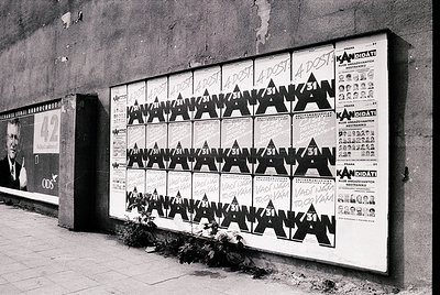 Vintage election poster board featuring repeated candidate name "Анастасова" in bold Cyrillic, arranged in a grid with small ...