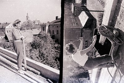 Vintage split-image: Left—woman in 1960s-style trousers and blouse poses on a rooftop balcony overlooking a European town wit...
