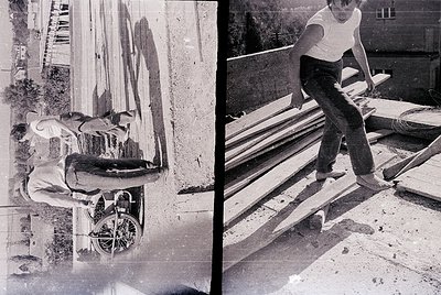 Vintage black-and-white split image: Left—man in 1960s-era workwear pushing a handcart loaded with stacked wooden planks on a...