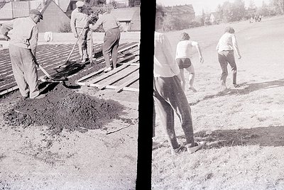 Split-panel black-and-white photo showing construction workers laying concrete in 1960s-70s. Left: three men using shovels an...