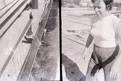 Black-and-white split image: Left—child mid-dive from concrete pool ledge, hands gripping edge; right—same child mid-air, smi...