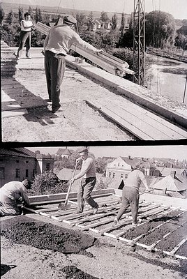 Three men construct concrete slabs using wooden molds, mid-20th century. Top: Worker lifts heavy timber beam; bottom: Two lay...