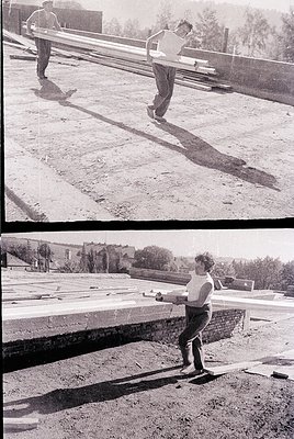 Two sequential black-and-white shots of a man skateboarding on a flat, concrete surface. In the first frame, he balances on a...