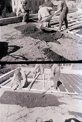 Three construction workers spread concrete in a residential area, mid-20th century. Top: mixing and pouring concrete into a f...