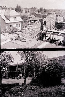 Mid-20th century residential neighborhood with stone retaining walls and sloped terrain. Top: brick houses with pitched roofs...