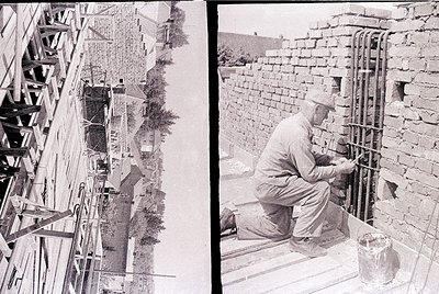 Mid-20th century construction scene featuring reinforced concrete work. Left: Formwork and rebar framework for a multi-story ...