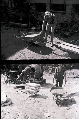 **Top:** Worker in mid-20th-century construction gear pours concrete from a wheelbarrow, likely mid-1950s–1970s. Brick founda...