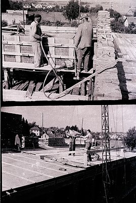 **Top Image:** Mid-20th century construction scene featuring two workers on a wooden scaffold. One holds a long tool (likely ...