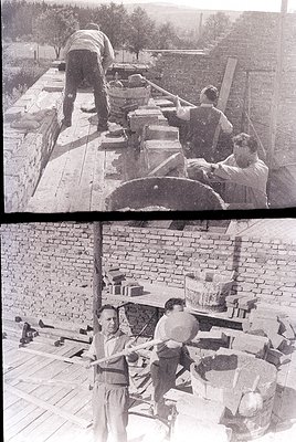 Mid-20th century black-and-white photos of traditional bread-making using stone mills. Top: Workers load grain into a large w...