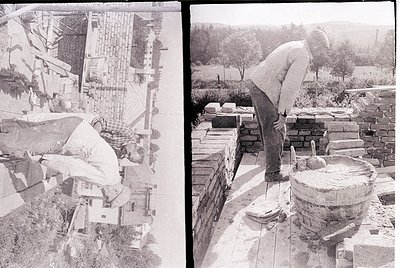 Vintage black-and-white photo showing traditional brick-making process. Left: stacked bricks and clay molds in rural setting;...