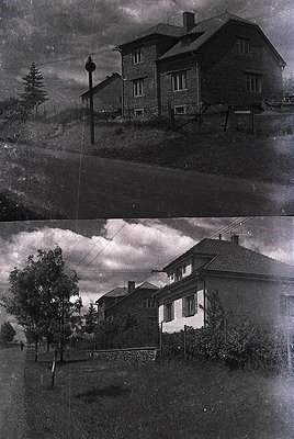 Two vintage sepia-toned photos of a two-story stone house with a pitched roof, surrounded by a modest garden and mature trees...
