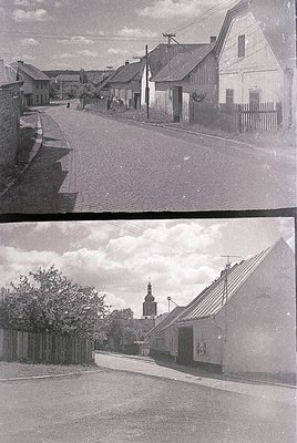 **Top Image:** Rural street scene with cobblestone road, wooden houses with gabled roofs, and utility poles. Mid-20th century...