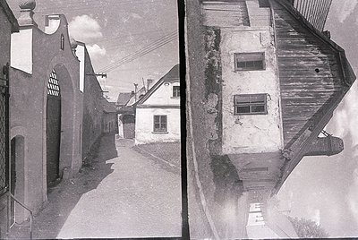 Vintage split-image of a narrow European alleyway, likely 20th century. Left: arched stone entrance with wrought-iron gate; a...