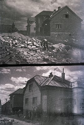 Mid-20th century black-and-white split image: Top shows post-war debris clearing with two-story stone house partially collaps...