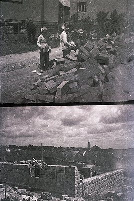 **Top Image:** Group of men in 1960s-era workwear clearing rubble from a street, likely post-construction or demolition. Urba...