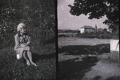A mid-20th-century black-and-white split-image: Left, a woman in a knee-length dress sits cross-legged on grass, hands claspe...