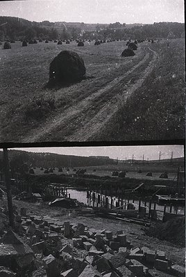 **Top Image:** Mid-20th century rural landscape featuring haystacks arranged in orderly rows across a plowed field. A lone ha...