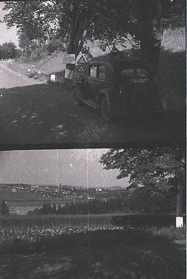 Vintage black-and-white split photo: Top—early 20th-century roadside scene with a classic car (likely 1920s-1930s) parked nea...