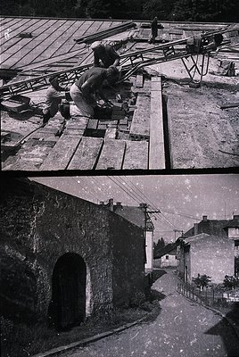 **Top:** Mid-20th century construction crew assembling wooden scaffolding on a building site, likely for brickwork. Workers i...