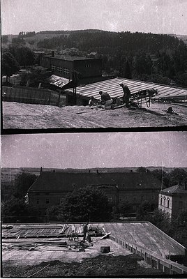 Black-and-white photo collage of mid-20th century construction site in rural area. Top: Workers assembling prefab concrete pa...