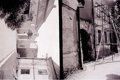 Diatribe of aged urban architecture: left—narrow alleyway with exposed brick walls, sloped rooftop terrace featuring a single...