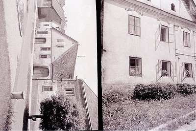 Black-and-white split image of Soviet-era residential architecture: left side shows a tall, narrow apartment block with expos...