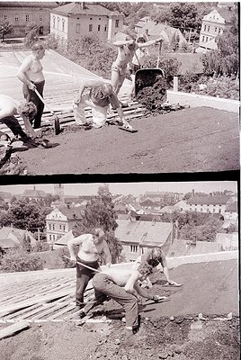 Two black-and-white photos capture manual roofing work in a mid-20th-century European town. Workers in rolled-up sleeves and ...