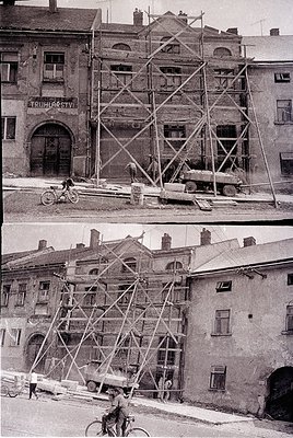 **Top Image:** Mid-20th century urban restoration scene. Three-story building under scaffolding with Cyrillic sign "ТРУДОВЬТ"...