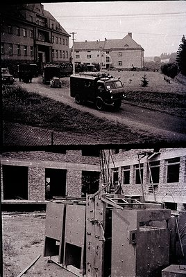Vintage black-and-white photo of a mid-20th-century European industrial site. Top: Military truck (likely WWII-era) driving p...