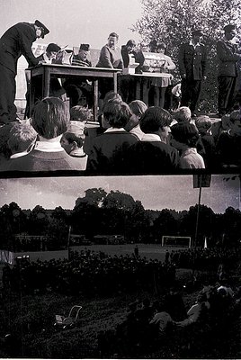 **Top Image:** Mid-20th century outdoor event with officials on raised platform distributing food or supplies to a crowd. Uni...