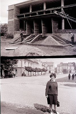 Black-and-white split-image: Top shows mid-20th century construction site with exposed concrete framing, scaffolding, and wor...