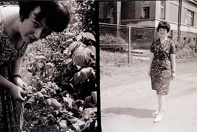 Black-and-white diptych capturing mid-20th century (1960s-70s) lifestyle. Left: Woman in floral dress tends to lush garden fo...