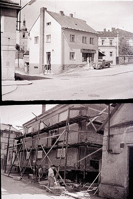 Black-and-white street scene showing mid-20th century European urban restoration. Top: Whitewashed building with sign "Pensio...