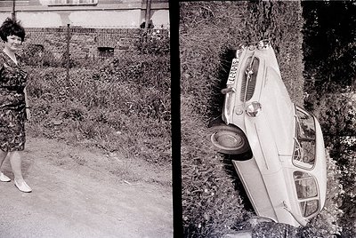 Vintage black-and-white split image: Left—woman in 1960s-style dress poses near overgrown garden path; right—upside-down clas...